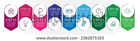 9 step infographic, simple infographic design consisting of nine interrelated parts, circle design combined with squares, lines, icons and colors, good for your business presentation
