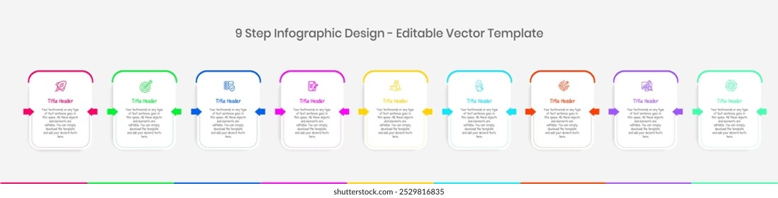 9 step Infographics Design Template, Chart diagram, Graph, Pie chart, workflow layout, squire diagram, report, Editable presentation design elements, Process diagram in white background