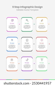 9 step Infographics Design Template, Chart diagram, Graph, Pie chart, workflow layout, squire diagram, report, Editable presentation design elements, Info graph Process diagram in white background