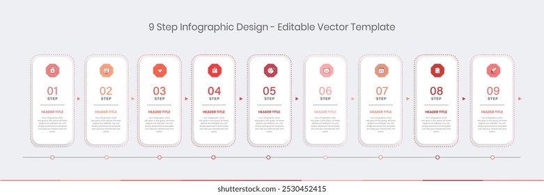 9 step Infographics Design Template, Chart diagram, Graph, Pie chart, workflow layout, vertical rectangle diagram, report, Editable presentation design elements, Process diagram in white background