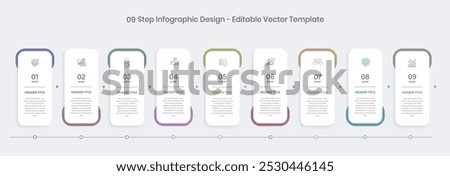 9 step Infographics Design Template, Chart diagram, Graph, Pie chart, workflow layout, vertical rectangle diagram, report, Editable presentation design elements, Process diagram in white background