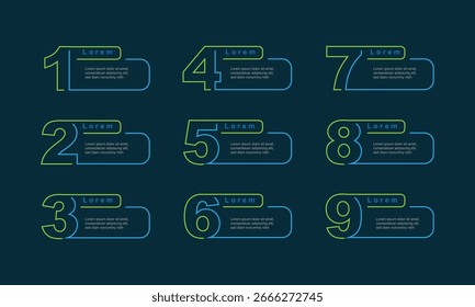 9 step or 9 label worksheet with line style. Business label infographic, presentation data and web graphic design
