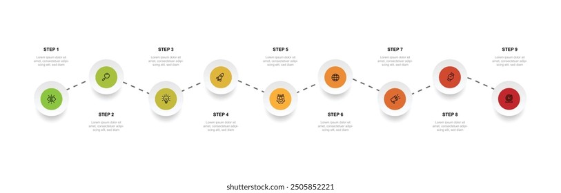 9 step process infographic template vector with icons can be used for workflow, business information, presentation, data visualization and web graphic design 