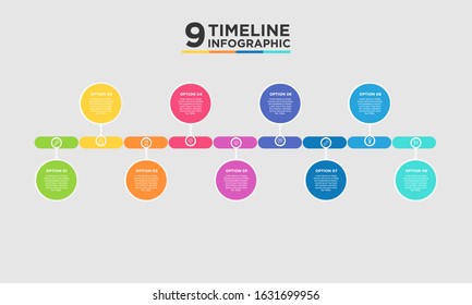 9 step timeline infographic element. Business concept with nine options and number, steps or processes. data visualization. Vector illustration.