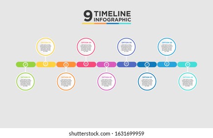 9 step timeline infographic element. Business concept with nine options and number, steps or processes. data visualization. Vector illustration.