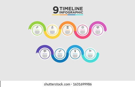 9 step timeline infographic element. Business concept with nine options and number, steps or processes. data visualization. Vector illustration.