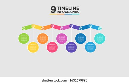 9 step timeline infographic element. Business concept with nine options and number, steps or processes. data visualization. Vector illustration.