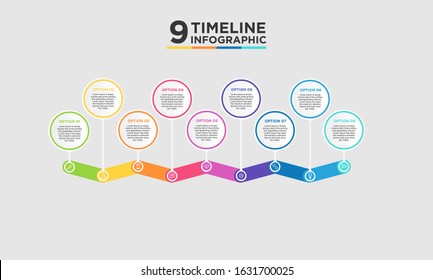 9 step timeline infographic element. Business concept with nine options and number, steps or processes. data visualization. Vector illustration.