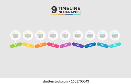 9 step timeline infographic element. Business concept with nine options and number, steps or processes. data visualization. Vector illustration.