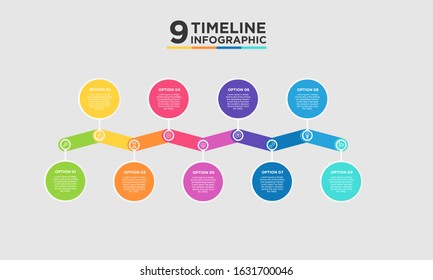 9 step timeline infographic element. Business concept with nine options and number, steps or processes. data visualization. Vector illustration.