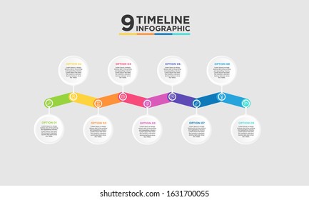 9 step timeline infographic element. Business concept with nine options and number, steps or processes. data visualization. Vector illustration.