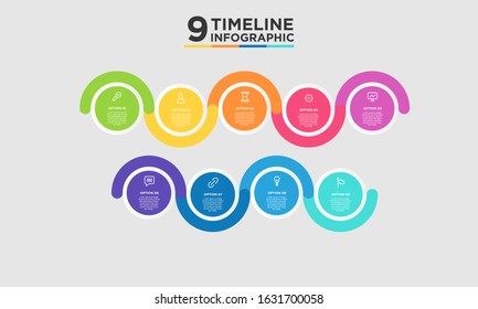 9 step timeline infographic element. Business concept with nine options and number, steps or processes. data visualization. Vector illustration.