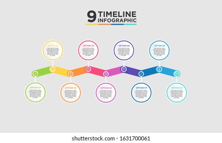 9 step timeline infographic element. Business concept with nine options and number, steps or processes. data visualization. Vector illustration.