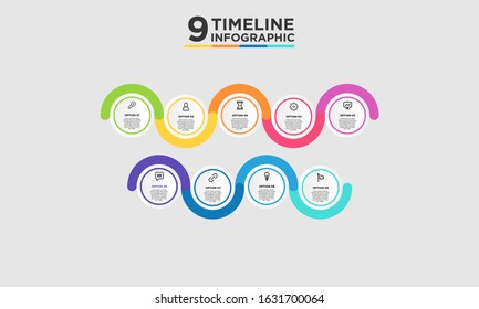 9 step timeline infographic element. Business concept with nine options and number, steps or processes. data visualization. Vector illustration.