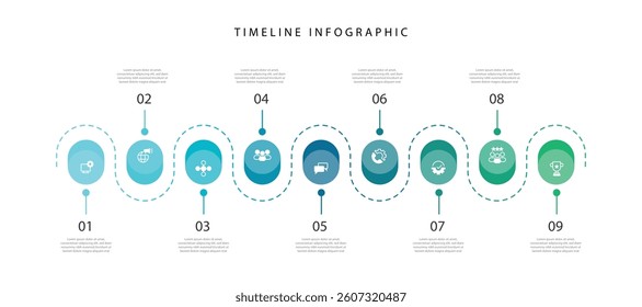 9 step timeline infographic template with icons suitable for business information, workflow layout and web presentation.