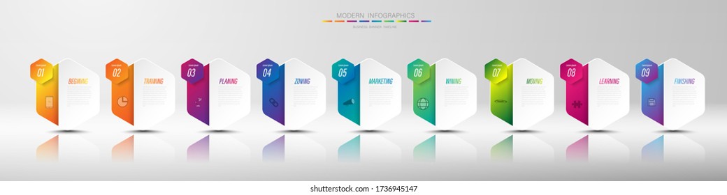 9 step vector abstract 3d paper info-graphic elements.Hexagon info graphics. linear timeline 9  banner
