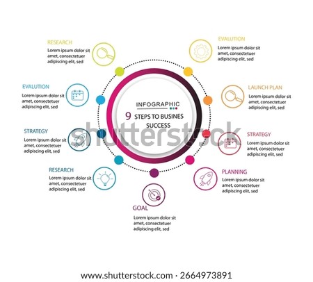 9 steps to business infographic template, circle infographic , timeline, design, growth, template chart, 9 steps process,	