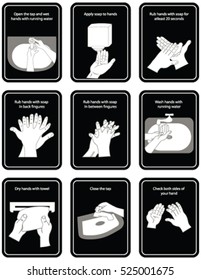 9 steps of hand wash procedure for hygiene in vector illustration. 