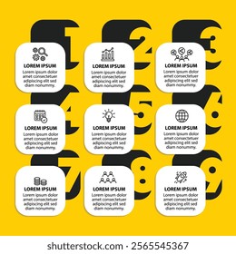 9 steps infographic template with 9 options. Flowchart that can be used for business report, data visualization and presentation. Timeline infographic elements vector illustration.