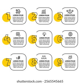 9 steps infographic template with 9 options. Flowchart that can be used for business report, data visualization and presentation. Timeline infographic elements vector illustration.