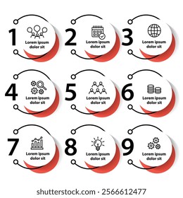 9 steps infographic template with 9 options. Flowchart that can be used for business report, data visualization and presentation. Timeline infographic elements vector illustration.