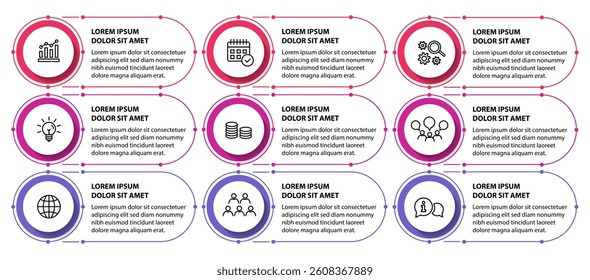 9 steps infographic template with 9 options. Flowchart that can be used for business report, data visualization and presentation. Timeline infographic elements vector illustration.