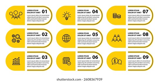 9 steps infographic template with 9 options. Flowchart that can be used for business report, data visualization and presentation. Timeline infographic elements vector illustration.