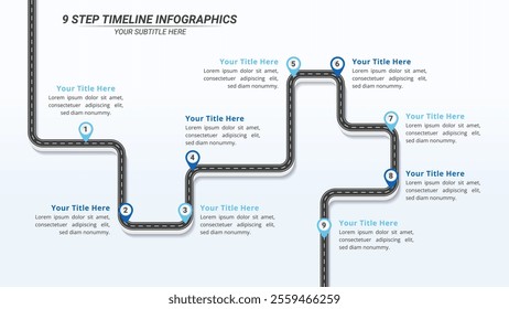 9 Steps Infographic Timeline on a 16:9 Layout for Business Presentation, Poster, Banner and Booklet.	