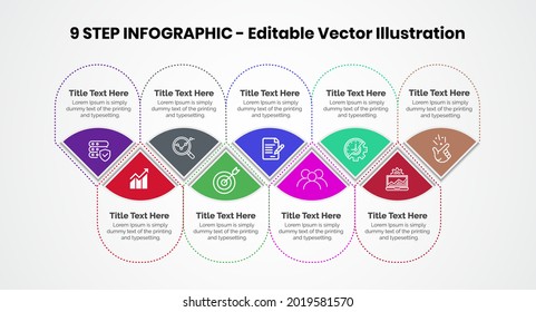 9 Steps Infographics Design Template - Graph, Pie chart, workflow layout, cycling diagram, brochure, report, presentation, web design. Editable Vector illustration