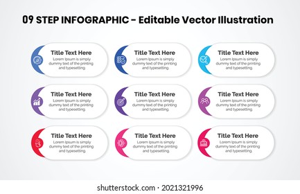 9 Steps Infographics Design Template - Graph, Pie chart, workflow layout, cycling diagram, brochure, report, presentation, web design. Editable Vector illustration