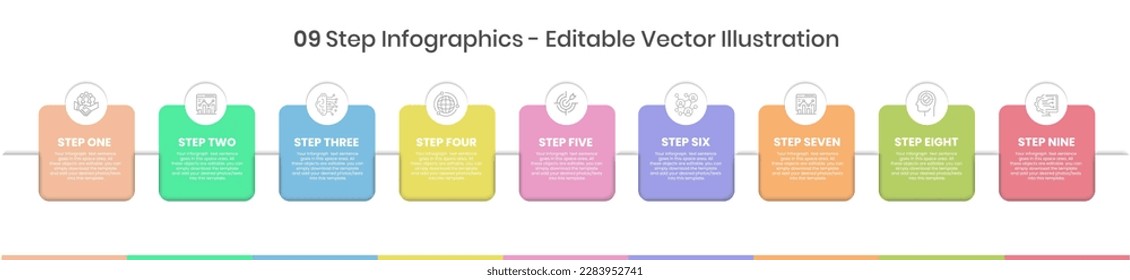 9 Steps Infographics Design Template - Graph, Pie chart, workflow layout, squire diagram, brochure, report, presentation, web design. Editable Vector illustration