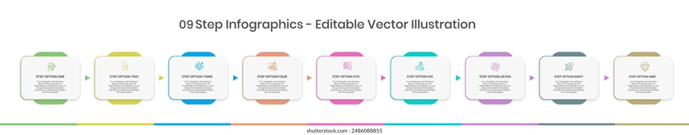 9 Steps Infographics Design Template - Graph, Pie chart, workflow layout, squire diagram, brochure, report, presentation, web design Editable Vector illustration