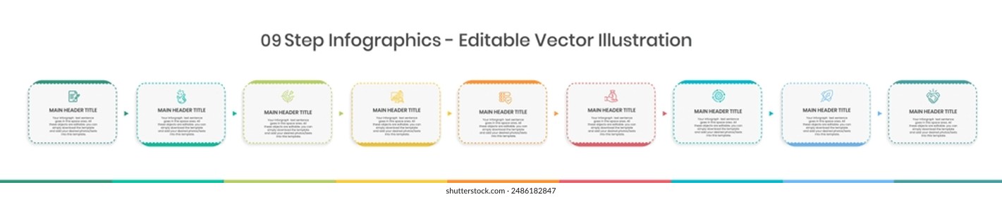 9 Steps Infographics Design Template - Graph, Pie chart, workflow layout, squire diagram, brochure, report, presentation, web design Editable Vector illustration