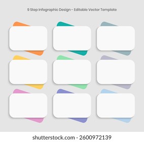 9 Steps Infographics Design Template - Graph, Pie chart, workflow layout, rectangular box diagram, timeline, report, presentation design template Editable Vector illustration on white background