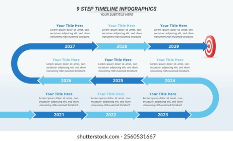 9 Steps Milestone Infographic on a 16:9 Layout for Business Presentation, Poster, Banner and Booklet.