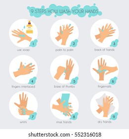 9 steps to properly wash your hands. Flat design modern vector illustration concept.