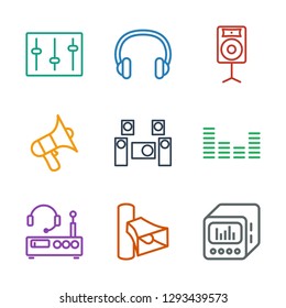 9 stereo icons. Trendy stereo icons white background. Included outline icons such as loud speaker with equalizer, volume, listening device, equalizer. stereo icon for web and mobile.