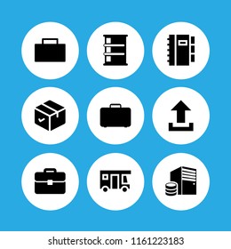9 storage icons in vector set. travel case, case, upload and files and folders illustration for web and graphic design