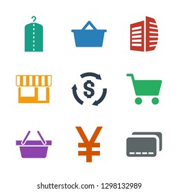 9 store icons. Trendy store icons white background. Included filled icons such as credit card, yuan, shopping basket, shopping cart, Money, business center. store icon for web and mobile.