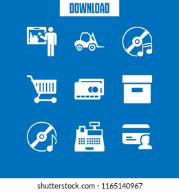 9 store vector icon set with credit card, box, forklift tool and compact disc icons for mobile and web