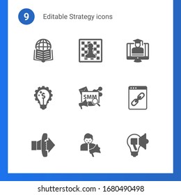 9 strategy filled icons set isolated on . Icons set with Affiliate Marketing, Chess, eCommerce Strategy, Marketing solutions, Social Media Marketing, Web Link, Call To Action icons.