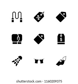 9 string icons in vector set. rope, boxing gloves, badminton and tag illustration for web and graphic design