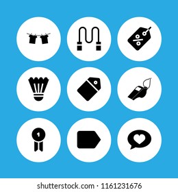 9 string icons in vector set. rope, clothes hanging on rope for drying, tag and badge illustration for web and graphic design