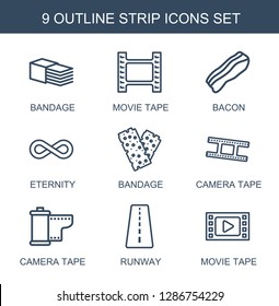 9 strip icons. Trendy strip icons white background. Included outline icons such as bandage, movie tape, bacon, eternity, camera tape, runway. strip icon for web and mobile.