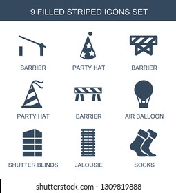 9 striped icons. Trendy striped icons white background. Included filled icons such as barrier, party hat, air balloon, shutter blinds, jalousie. striped icon for web and mobile.