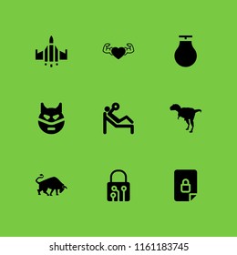 9 strong icons in vector set. workout, bull, lock and punching ball illustration for web and graphic design