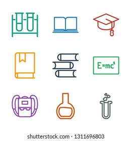 9 study icons. Trendy study icons white background. Included outline icons such as heart test tube, test tube, backpack, board with formulas, book. study icon for web and mobile.