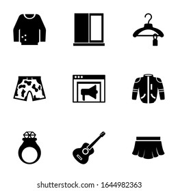9 iconos rellenos de estilo que se establecen aislados en fondo blanco. Iconos con puentes, ventana, ropa, pantalones cortos, pancarta, chaqueta, joyería hecha a mano, guitarra tocando, íconos de falda.