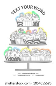 9 styles of cupcakes in gray outline and pastel plane put on stand on white background and space for text. Poster or background design in vector illustration.
