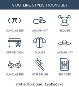 9 stylish icons. Trendy stylish icons white background. Included outline icons such as sunglasses, woman hat, blouse, office desk, hair brush. stylish icon for web and mobile.